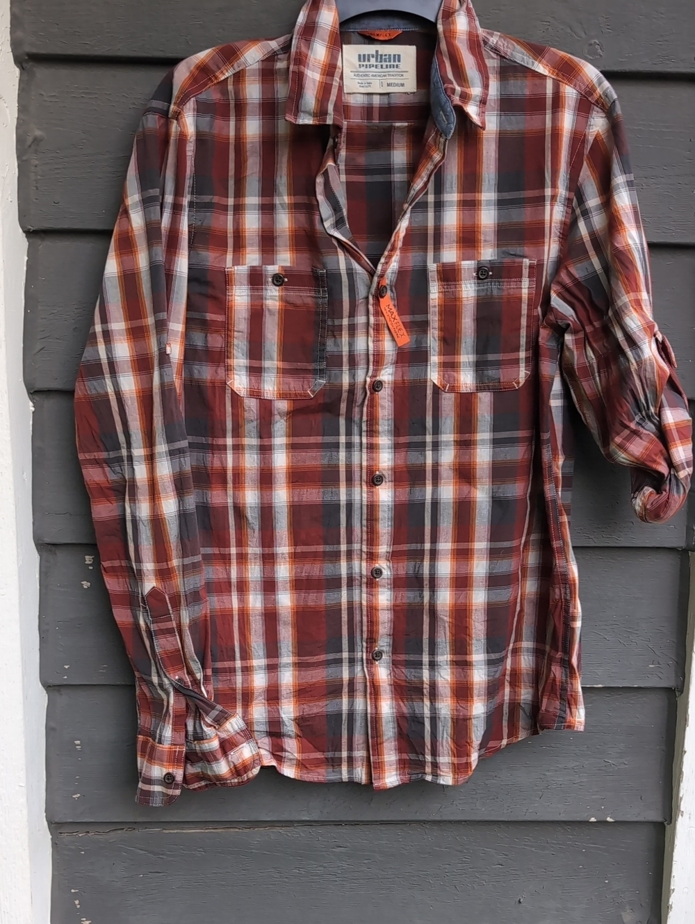 Urban Pipeline Men's Rust Plaid Long-Sleeve Casual Button-Down Shirt Size Medium